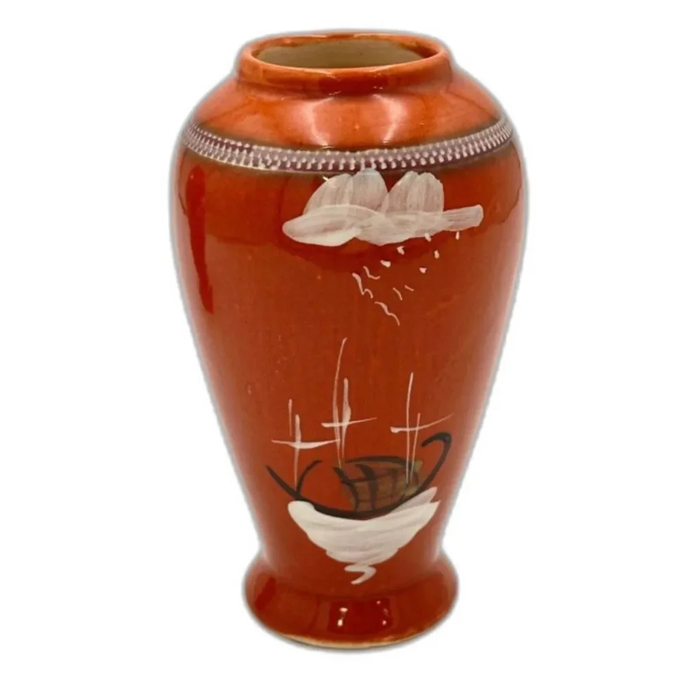 Asian-Inspired Hand-Painted Ceramic Vases – Burnt Orange with a Bamboo Design